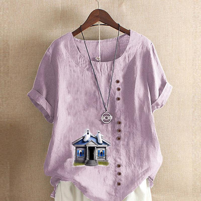 Women's Fashion Haunted House Prined Round Neck Short Sleeve T-shirt Casual Cotton Linen Graphic Shirt Leisure Loose Summer Blouse Tops