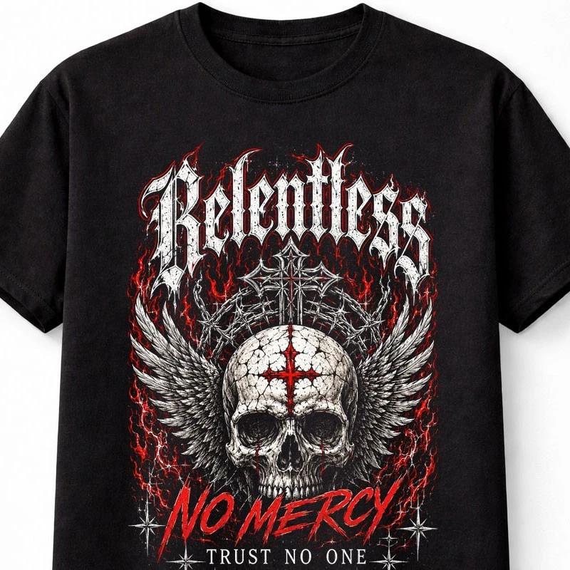 Relentless No Mercy Winged Skull Gothic Graphic Unisex TShirt S