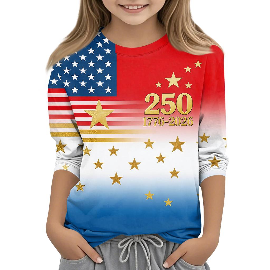 Children's 3/4 Sleeve Tops Casual Print T Shirt Round Neck Pullover Blouse