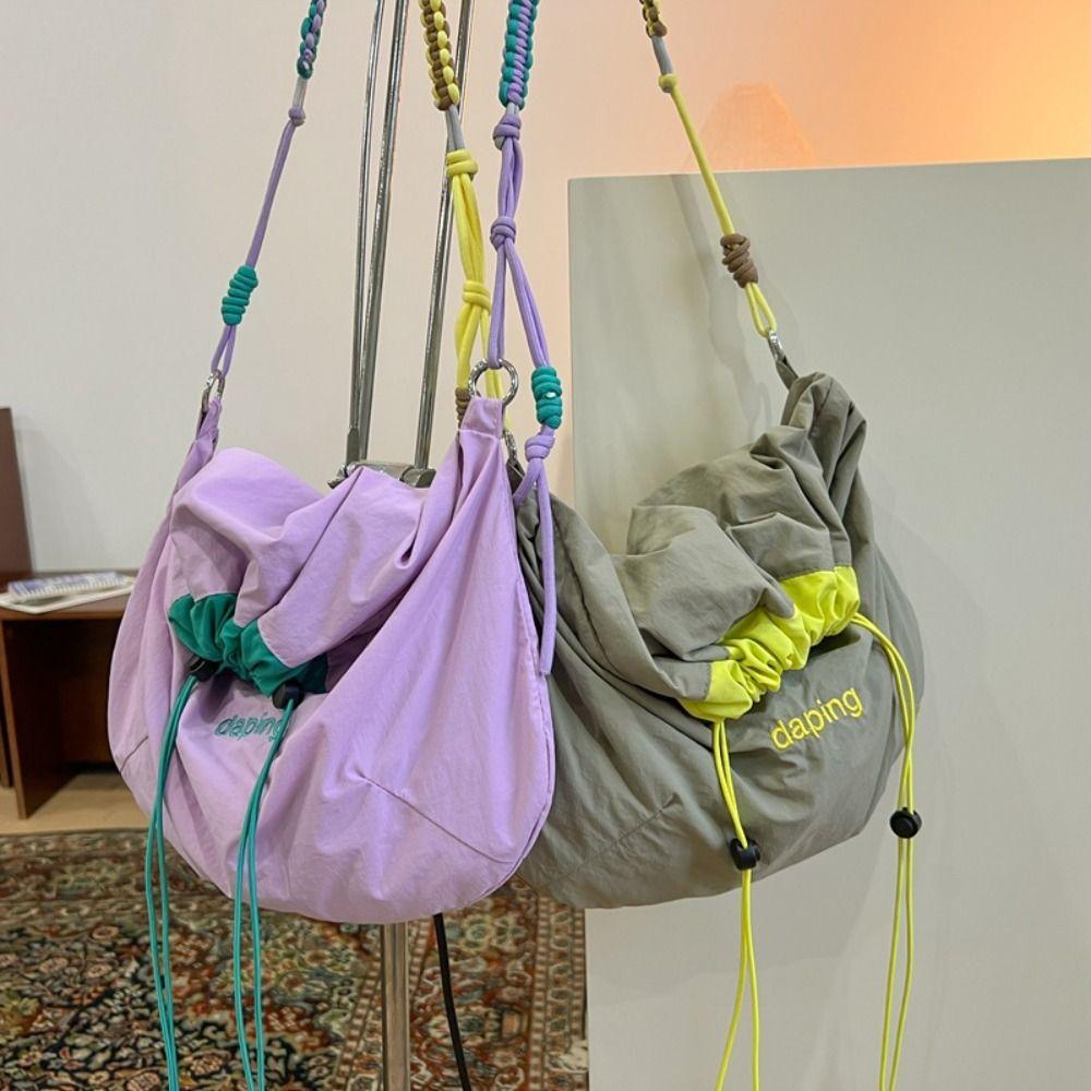 Leisure Lightweight Shoulder Bag Letter Contrast Color Crossbody Bag Large Capacity Nylon Drawstring Bag Girls