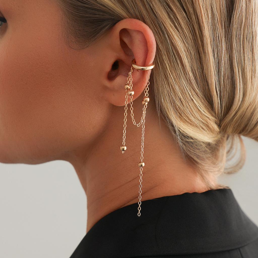 Vintage Metal Bead Tassel Ear Clip for Women Fashion Imitation Pearl Long Tassel Chain No Ear Holes Earbone Clip Jewelry Gifts