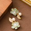 French fashion exquisite asymmetrical drop glaze inlaid pearl rose flower stud earrings women's high sense versatile temperament earrings