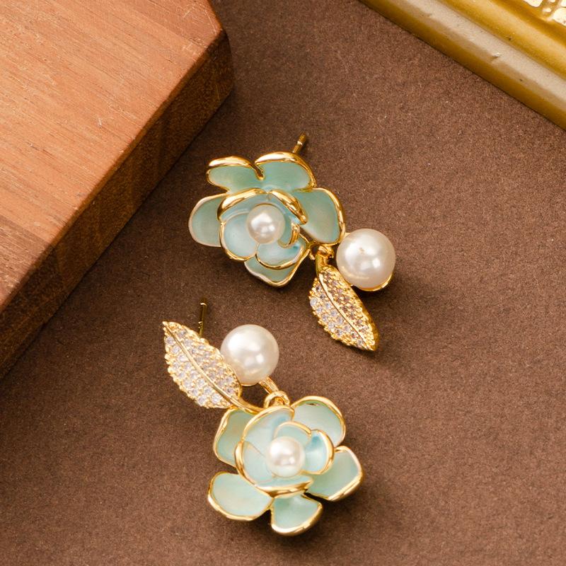 French fashion exquisite asymmetrical drop glaze inlaid pearl rose flower stud earrings women's high sense versatile temperament earrings