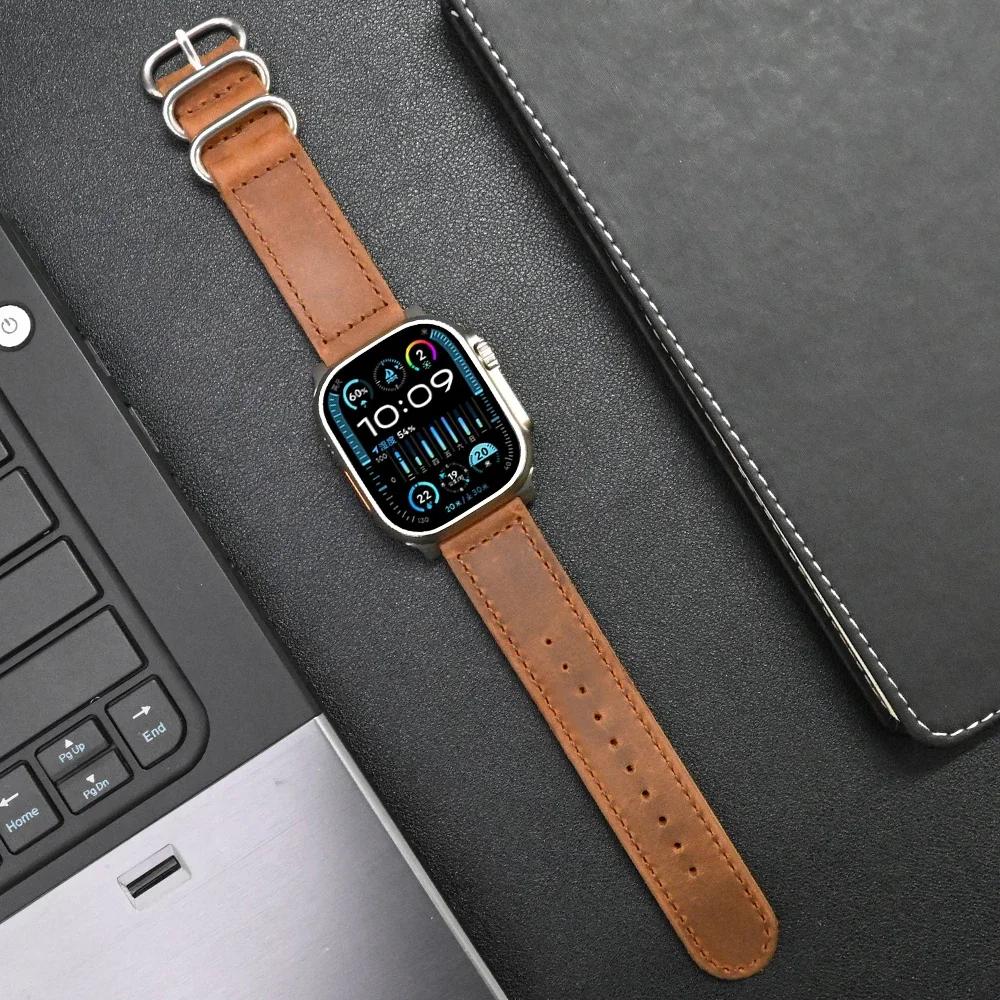Genuine Leather Band for Apple Watch 49mm 46mm 45mm 44mm Watchband Correa for iWatch Ultra 2 series 10 9 8 7 6 5 4 Se Men Strap