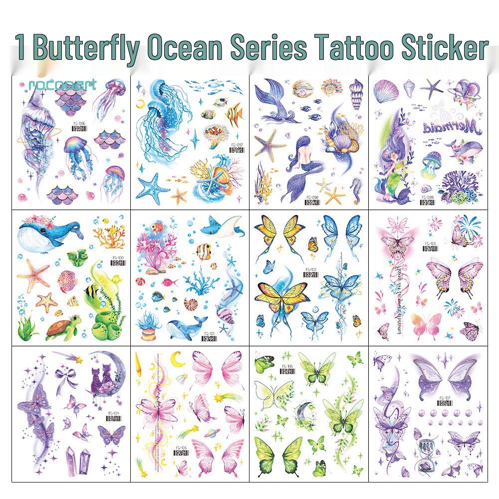 Adesivi Tatuaggio Farfalla Cartone Animato Glitter Impermeabili Principessa dell'Oceano - Trucco Temporaneo Viso a Lunga Durata