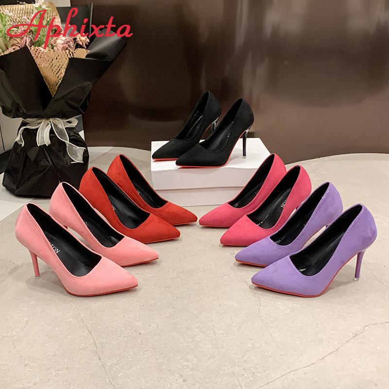 Móda Aphixta 3,54 palcové fialové vysoké stiletto podpatky lodičky dámské jednobarevné kancelářské semišové špičaté společenské boty červená podrážka velká velikost 49 50