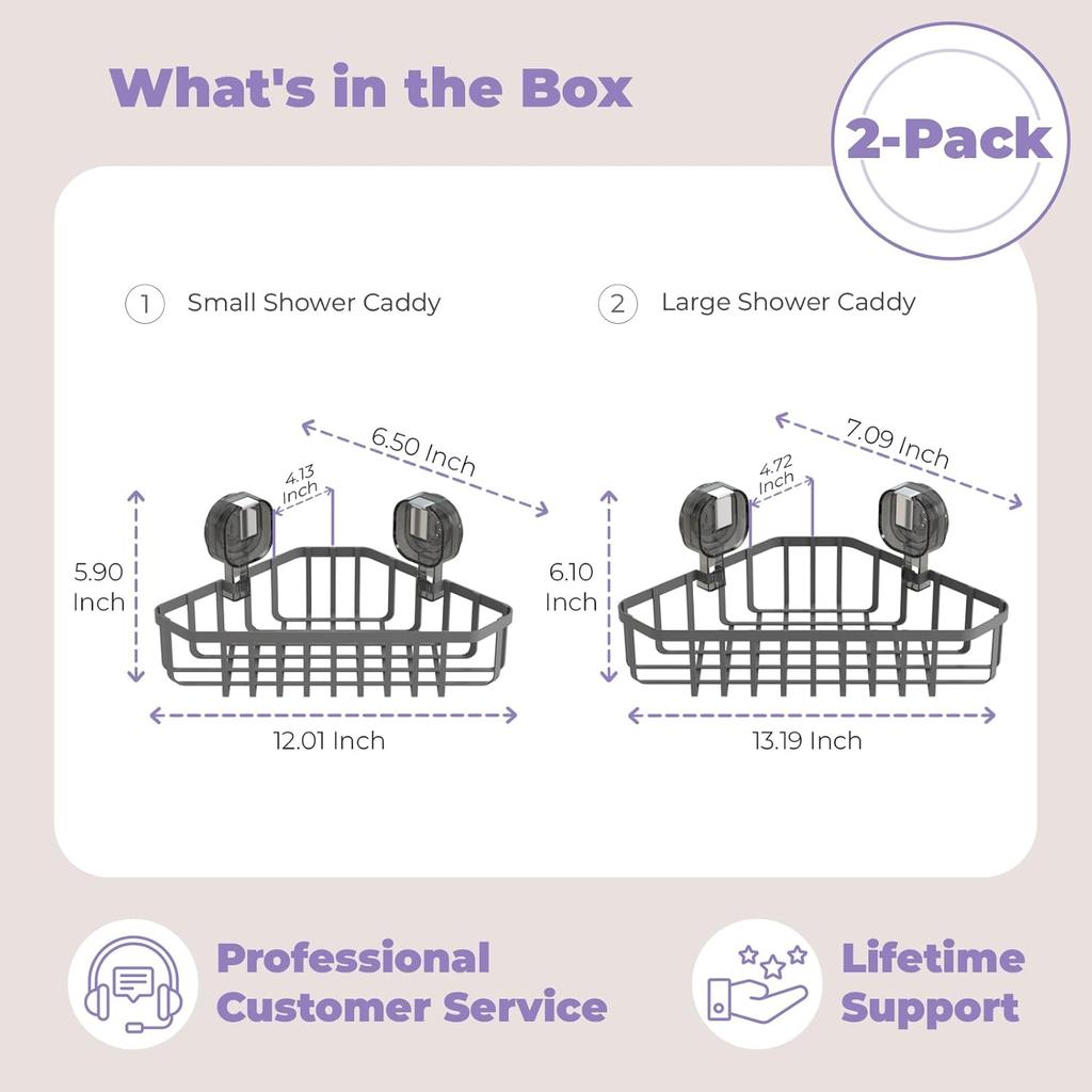 Corner Shower Caddy, Suction Cup Shower Shelf, No-Drilling Removable Shower Organizer, Wall Mounted Rack Storage for Bathroom, Large&Small Shower
