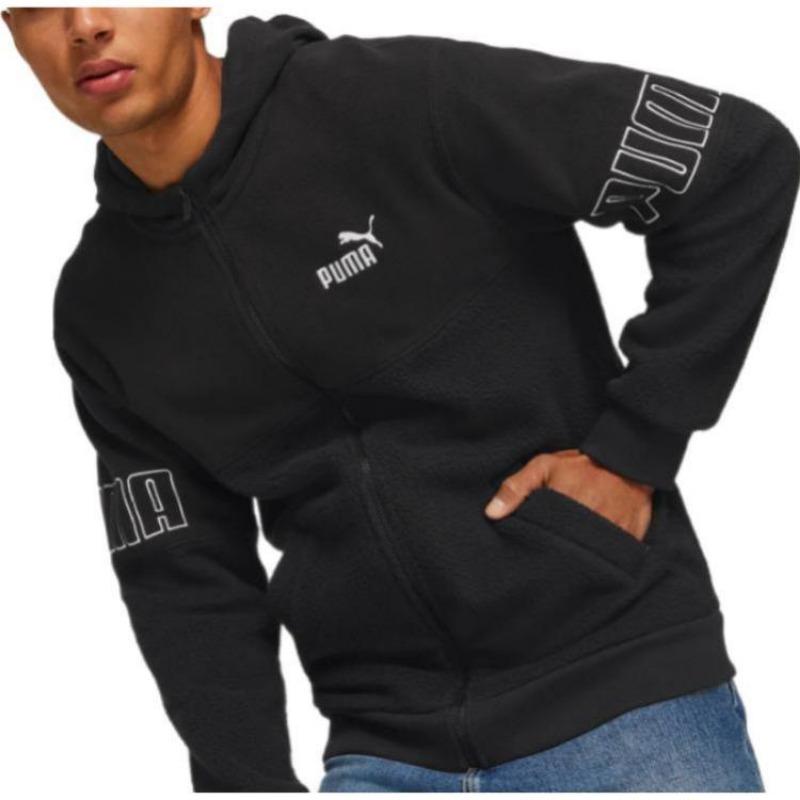 Puma Logo Print Hooded Full Zip Long Sleeve Sweatshirt Men Sweatshirt Black 672447-01
