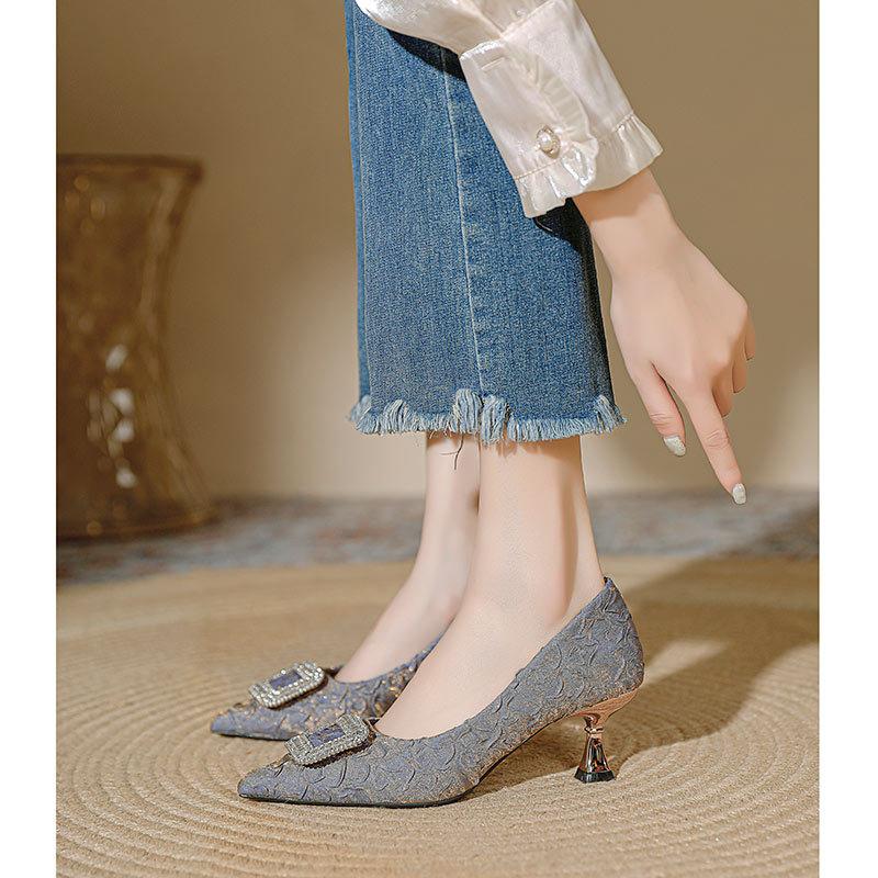 Pointed high heels women's thin heels sexy 2025 new spring and autumn women's shoes pleated satin French temperament small heel shoes