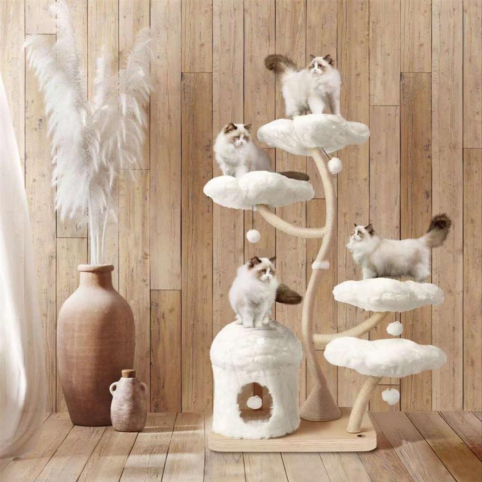 Modern Luxury Cat Tower Large Wooden Cat Tree Colorful Flower Design Scratcher Climbing Frame Made Sisal Comes Carton Packaging белый