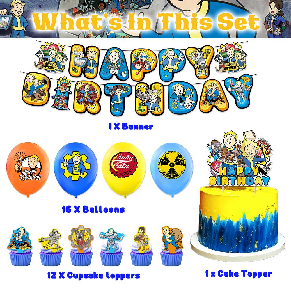 

New 30PCS Fallout Birthday Party Supplies Include a Banner, Balloons, Cake Toppers