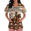 Women's Loose Fit Uniform Dress with Christmas Print V-Neck and Side Slit Short Sleeve