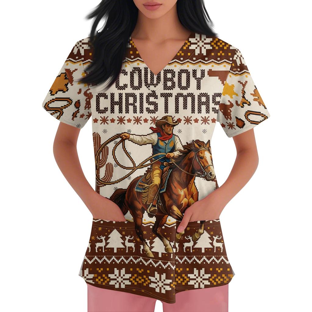 Women's Loose Fit Uniform Dress with Christmas Print V-Neck and Side Slit Short Sleeve