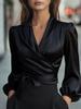 2026 Summer V-neck Satin Tie-up Waist Women's Elegant Solid Top - Cross-border Europe Fashion