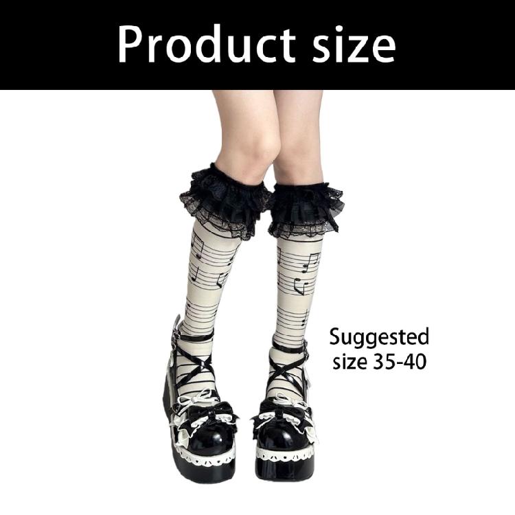 Soft Cotton Knee Length Socks with Ruffle Lace for Women Schoolgirl Elegant Music Note Skull Print Over Calf Socks