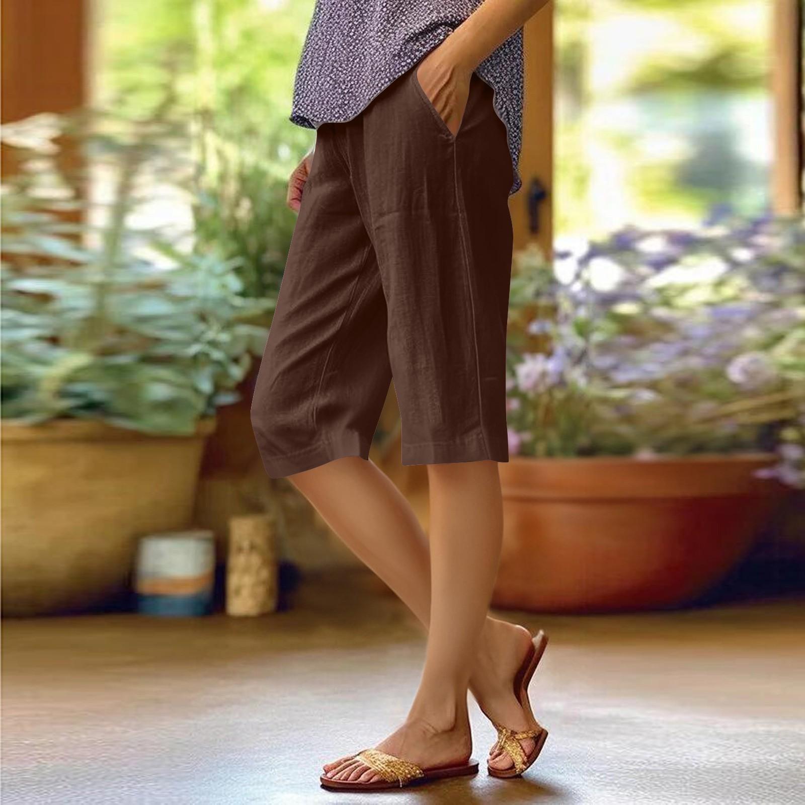 

Women s High Waist Color Casual Trousers Workout Pants 1/2 Shorts XS коричневий
