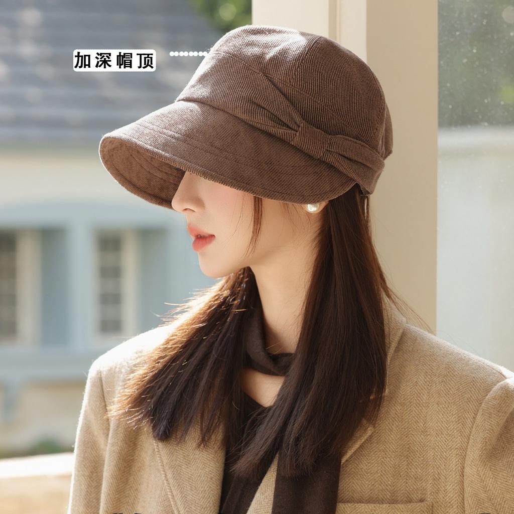 Hat Women's Autumn and Winter Bucket Hat Bow Big Head Circumference Big Face Suitable Warm Corduroy Cap Versatile