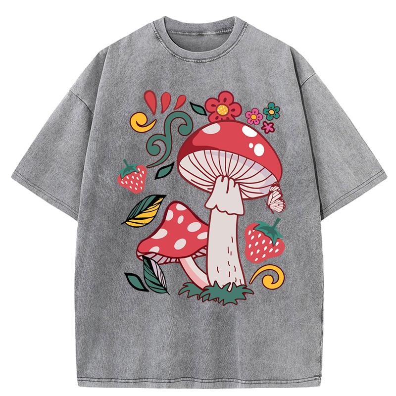Beautiful Mushrooms Flower Strawberries Printed Washed T-Shirt Women Loose Cotton T Shirts Trendy Y2K Short Sleeve Top