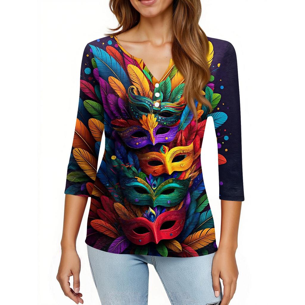 Dámské tričko s potiskem, knoflíky, 3/4 rukávy, pro každý den, na víkend, módní, základní, s výstřihem do V, běžný top