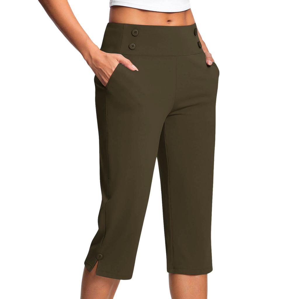 Women's Fashionable Solid Color Button Pocket Pants with Split Hems High Waist Sports Yoga Casual Cropped Pants