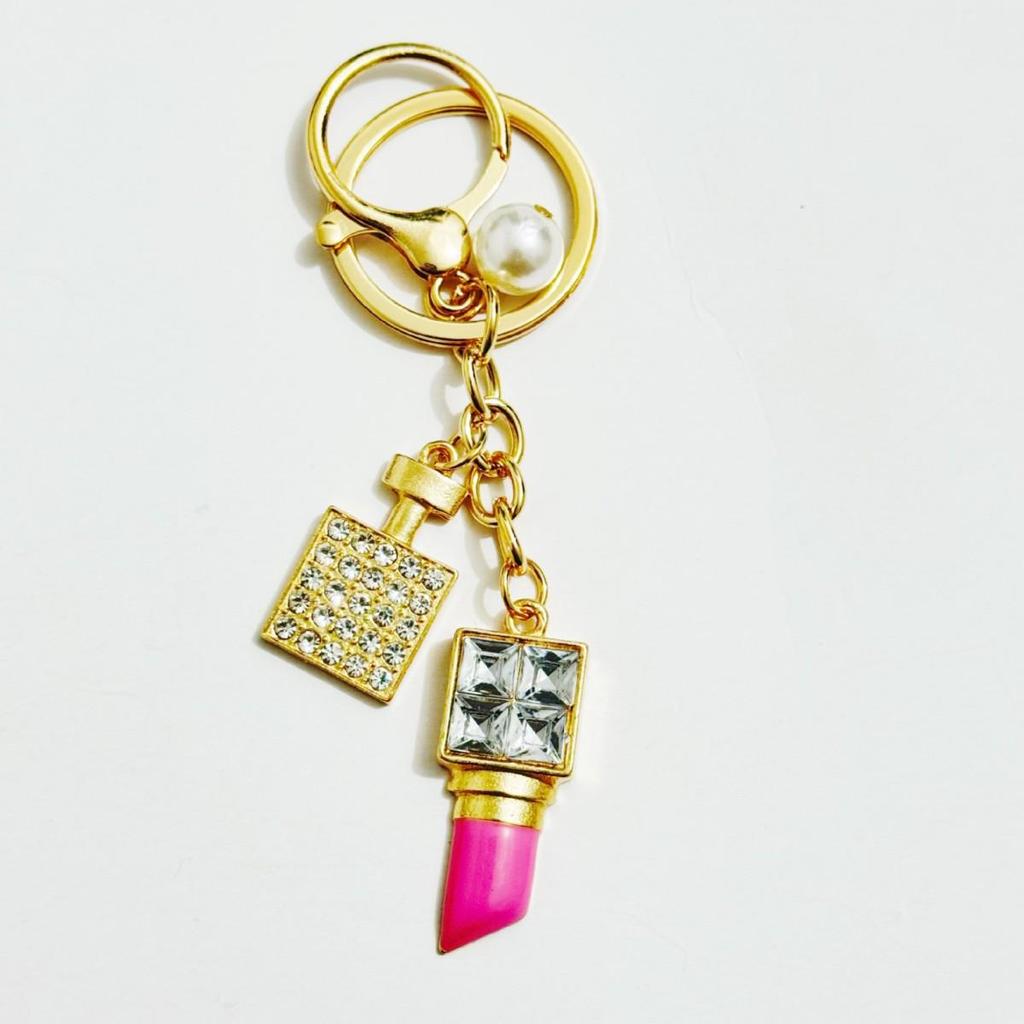 Rhinestone Perfume Bottle Lipstick Pearl Keychain Charm