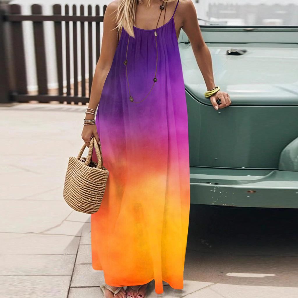 Dámské Módní Ležérní Volné Šaty s Květinovým Potiskem a Úzkými Ramínky Bez Zad