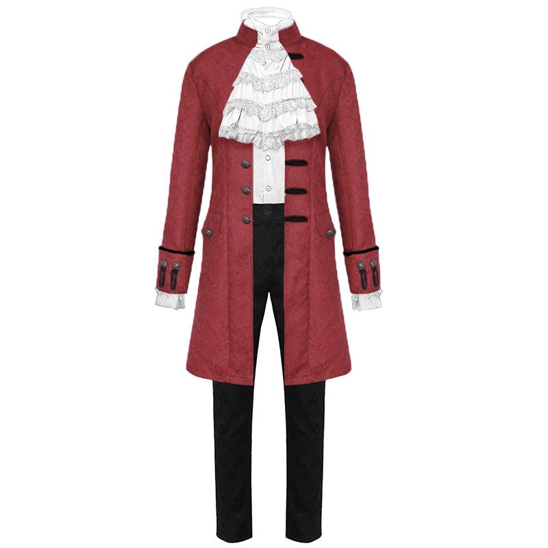 Men's European & American Punk Retro Jacquard Overcoat with Stand Collar and Ruffle Shirt Set (2024)