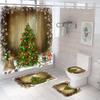 Christmas Tree Bathroom Set Shower Curtain Set Waterproof Santa Claus Anti-Skid Rugs Toilet Cover Bath Curtains Set With Hooks