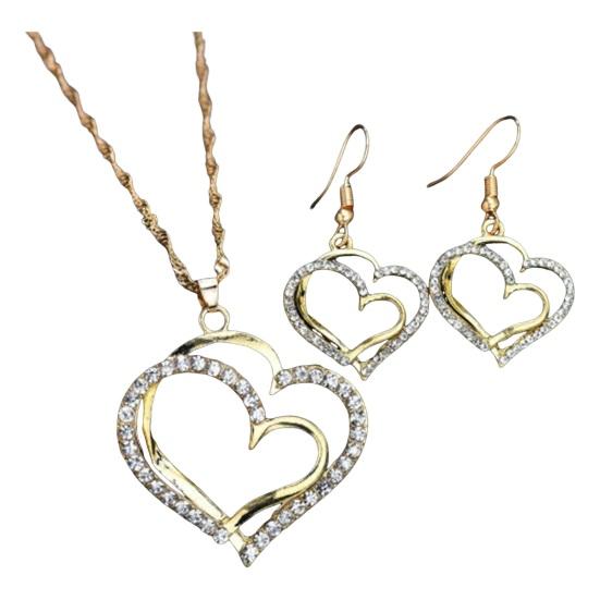 1 Set Women Necklace Earrings Set Hollow Out Heart Shape Rhinestone Decor Prom Party Hanging Earrings Pendant Clavicle Necklace