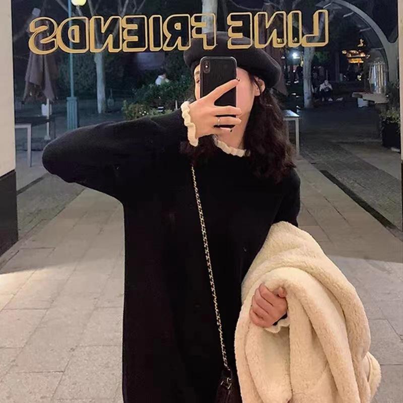 Coat with bottom sweater knitted dress small black long dress early autumn new women's clothing