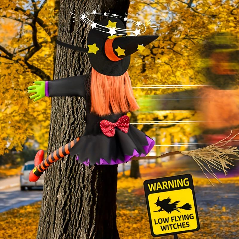 Halloween Witch Hanging Decor Outdoor Tree Climbing Witch with Red Bow Black Hat,Halloween Decorations for Porch Yard Display