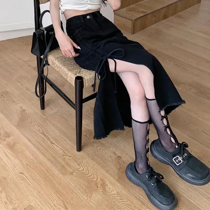 Džínové sukně pro ženy Gotická černá Ruched Boční rozpark Dlouhá džínová sukně Vysoký pas Letní Ležérní Streetwear sukně