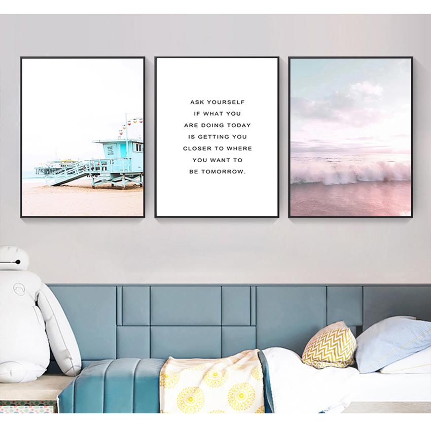 Painting Decoration Picture Scandinavian Home Decor Ocean Landscape Canvas Poster Nordic Style Beach Pink Bus Wall Art Print