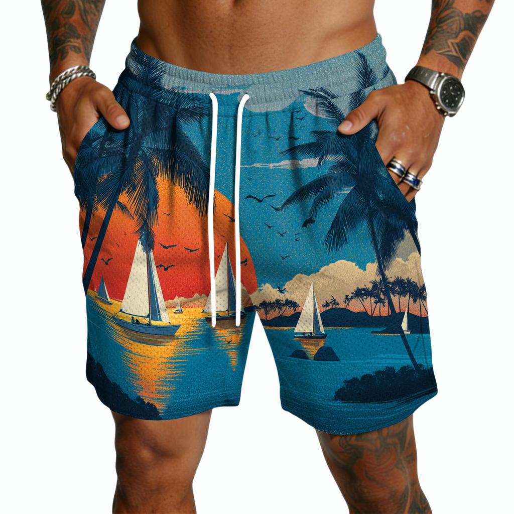 Pantaloncini da uomo a stampa hawaiana ad asciugatura rapida - Pantaloncini casual leggeri con coulisse e tasche, Costumi da bagno estivi da spiaggia di media lunghezza
