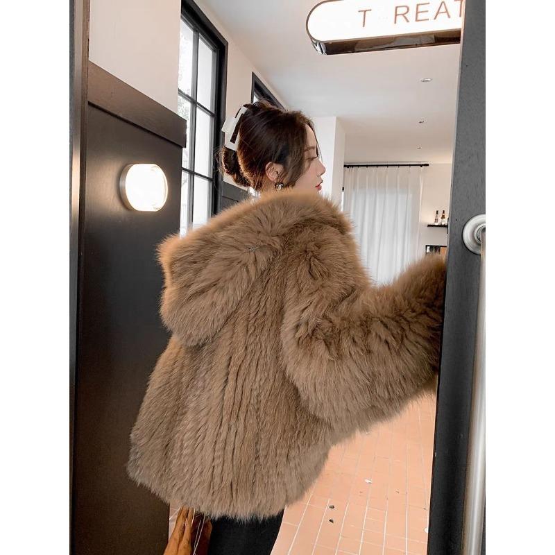 Pelz Damenbekleidung Imitation Fuchs Pelzjacke mit Kapuze Kunstpelz gewebter Pelz Oberteil Herbst- und Winterbekleidung
