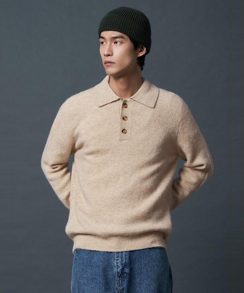 SHIFT.G Wool Blended Fancy Yarn Polo Neck Sweate Beige