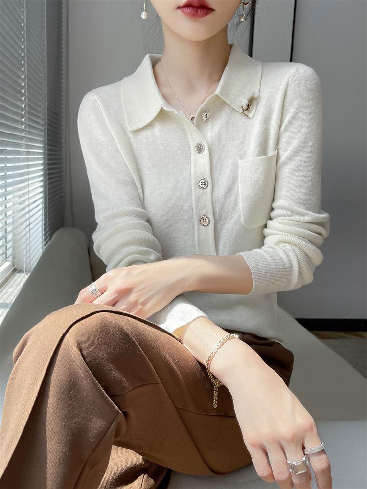 Women's Slimming Knit Wool Polo Collar Top with Pockets - Spring Style