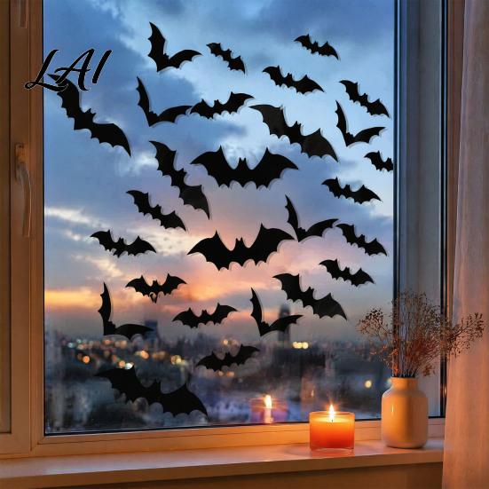 Halloween Bat Wall Stickers 3D Bats Decor Black Stickers Waterproof Shaped Art Scary Plastic DIY Room Decal for Indoor Party Supplies Outdoor Decor