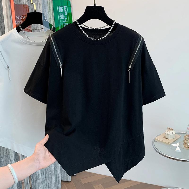 DIMANAF 2024 Women T-Shirt Zipper Female Solid O-Neck Cotton Loose Short Sleeve Tops&Tees