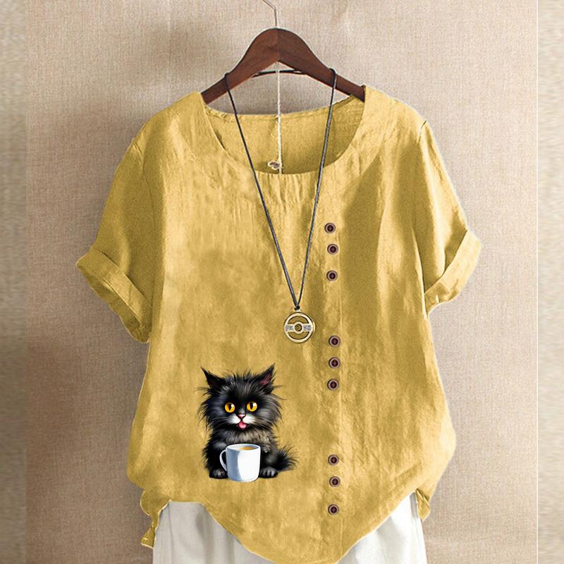 Dame Mote Svart Katt Trykket Kort Ermet T-skjorte Løs Bomullsskjorte Casual Løs Sommerbluse Topper Pluss Størrelse