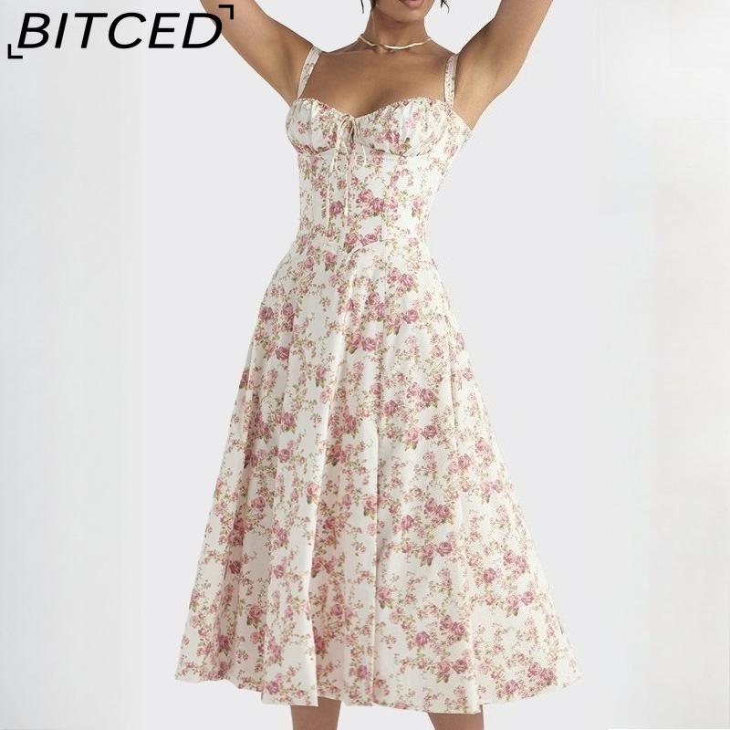 BITCED Women's Dress: Elegant Floral Print Split-Hem Fashionable Resort Strapless Dress