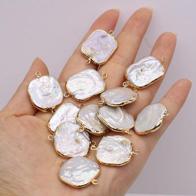 1Pc, Mini White Baroque Artificial Pearl Connector, Fashion Irregular Square Golden Wrapped Edge Pendant Charms Connectors for Jewelry Making DIY
