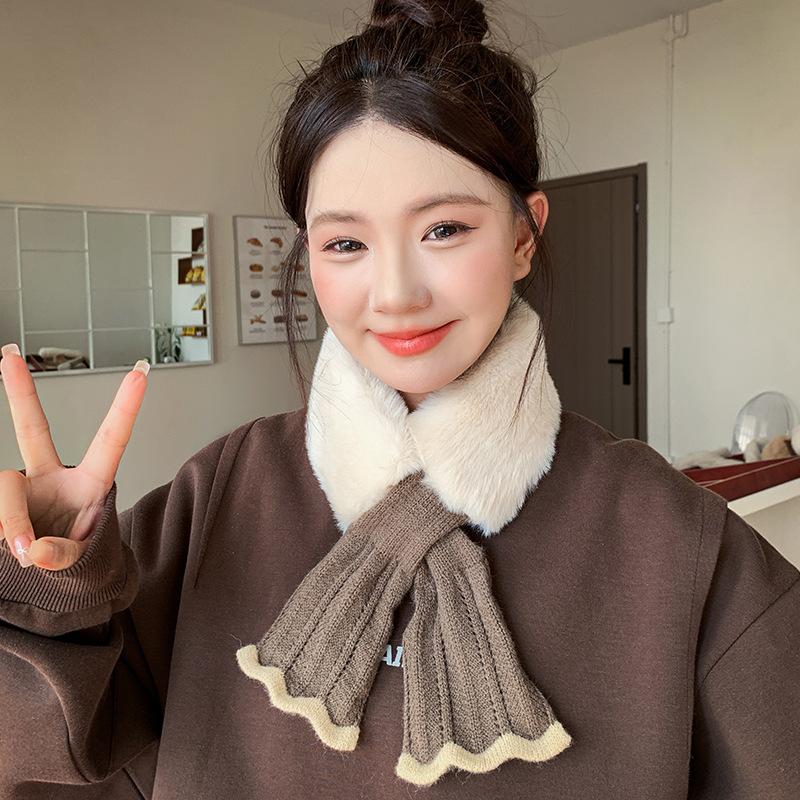Women Winter Warm Thicken Cross Collar Neck Warmer Solid Color Faux Rabbit Fur Plush Elegant Knitted Shawl Scarfs