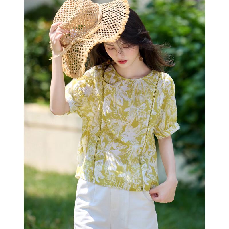 Women's Cotton Printed Puff Sleeve Short Sleeve Blouse