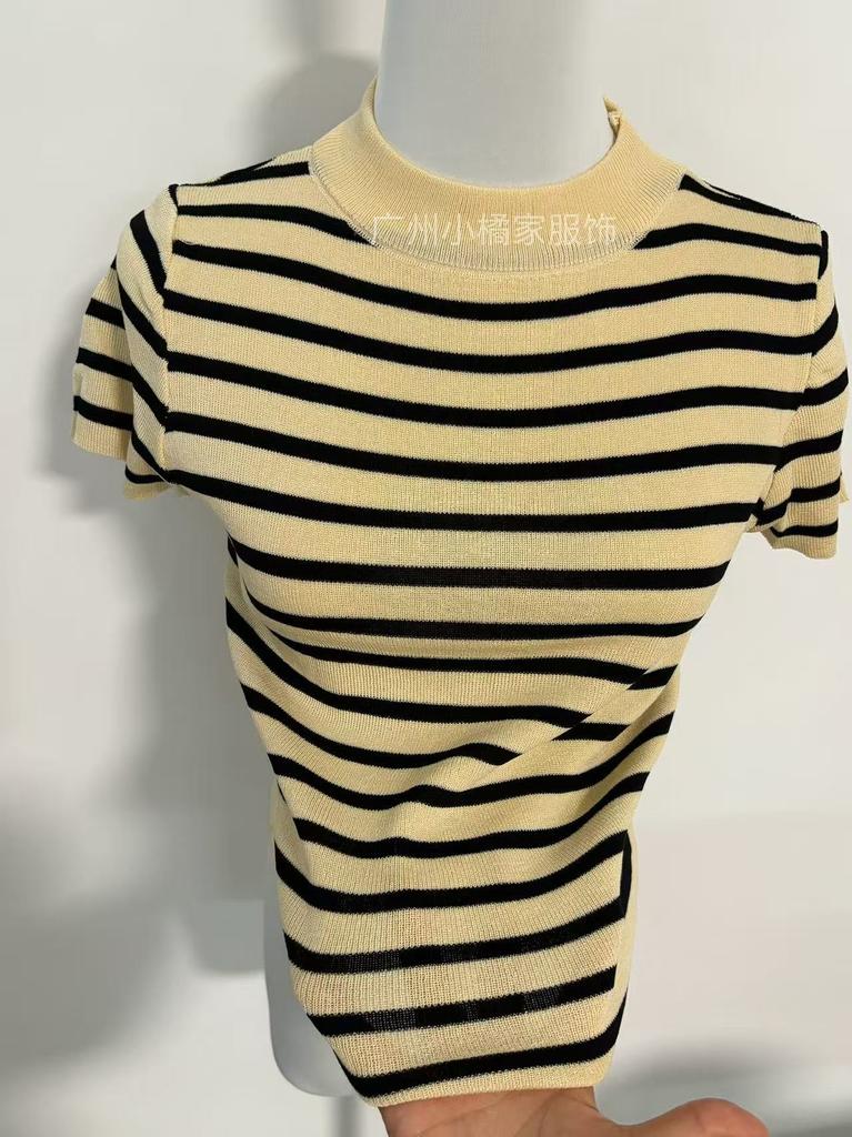 Semi-turtleneck striped wool knitted sweater flying sleeves slim-fitting top small shirt women's 1116 spring and summer short-sleeved bottoming shirt