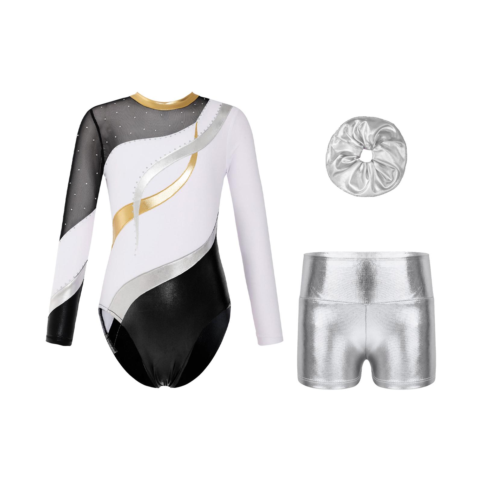 

Girls Patchwork Leotard Long Sleeve Round Neck Metallic High Waist Shorts Hair Tie Dance Set 15-16 Years білий