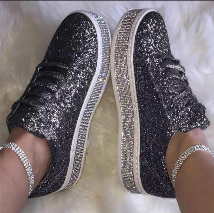 Spring and Autumn Fashion Rhinestone Sequins Large Size Flat Lace-Up Single Shoes Women's Shoes