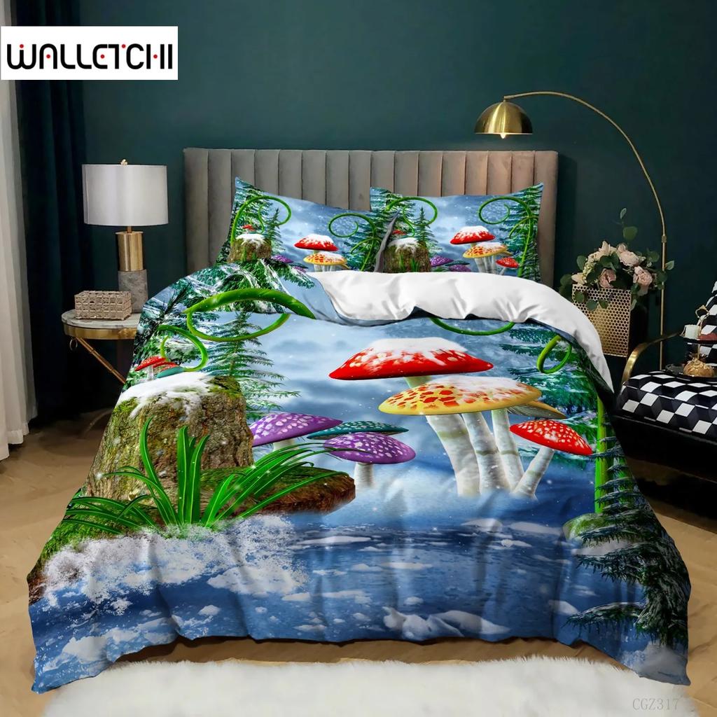 Mushroom Duvet Cover King Queen Size Magic Forest Colorful Cute Psychedelic Mushrooms Polyester Bedding Set for Kids Multicolor