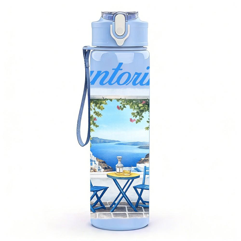 1PC Santorini Mediterranean House Pattern 750ml Color Plastic Sports Water Bottle Leakproof Flip Straw Lid Suitable for Sports Office Home Use