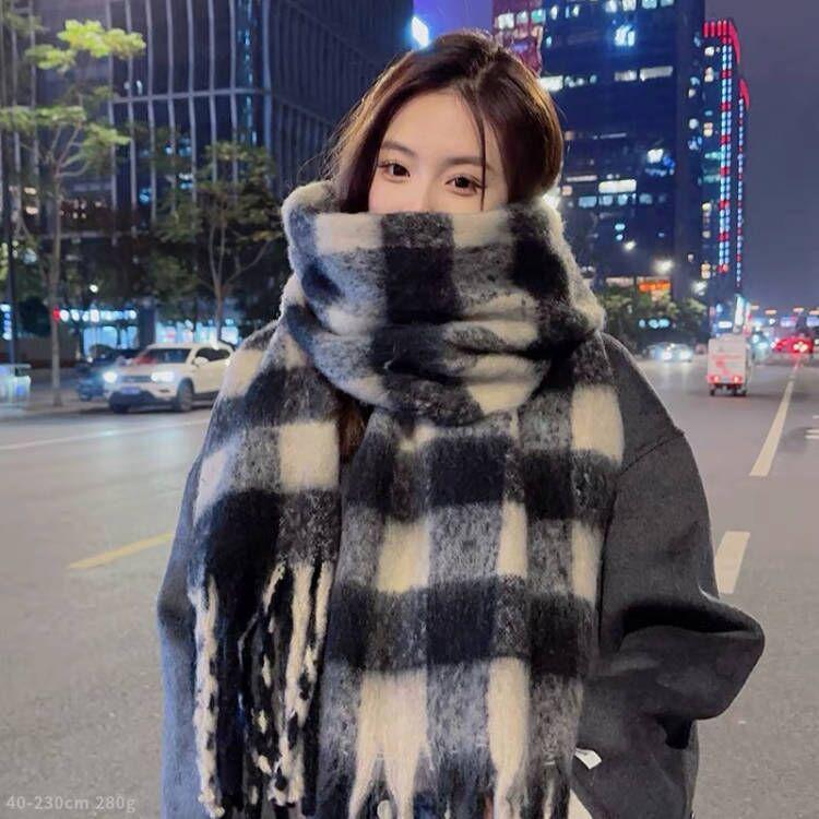 Korean Style Plaid Mohair Scarf - Women's Winter Imitation Cashmere Shawl